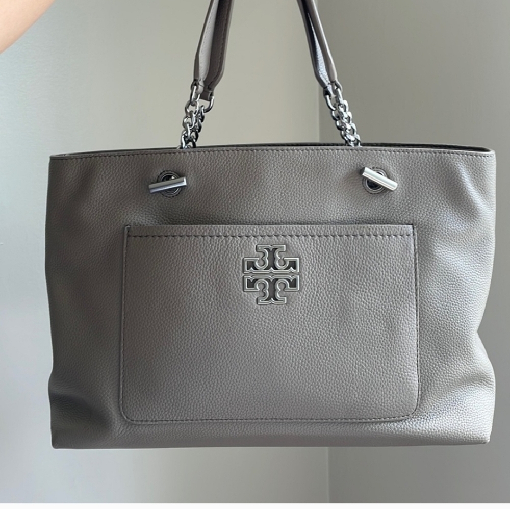 Tory Burch Womens Britten Leather Purse Tote Bag Large Light Brown with Dust bag